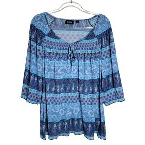 Avenue Blue Paisley Floral Print Top Plus Size 18/20 Tie Neck 3/4 Sleeve Sheer